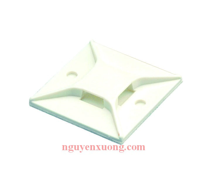 The 4-way adhesive backed cable tie mount in white is mounted with rubber adhesive tape. It is 2.0" long x 2.0" wide (50.8 x 50.8 mm) and made of nylon 6.6, which increases mechanical strength, heat and wear resistance, and stiffness. It is used with mini